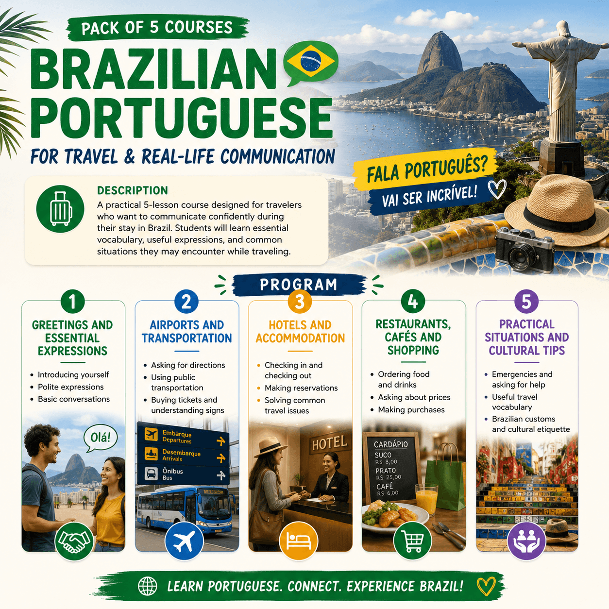 Brazilian Portuguese lessons for travel & real-life