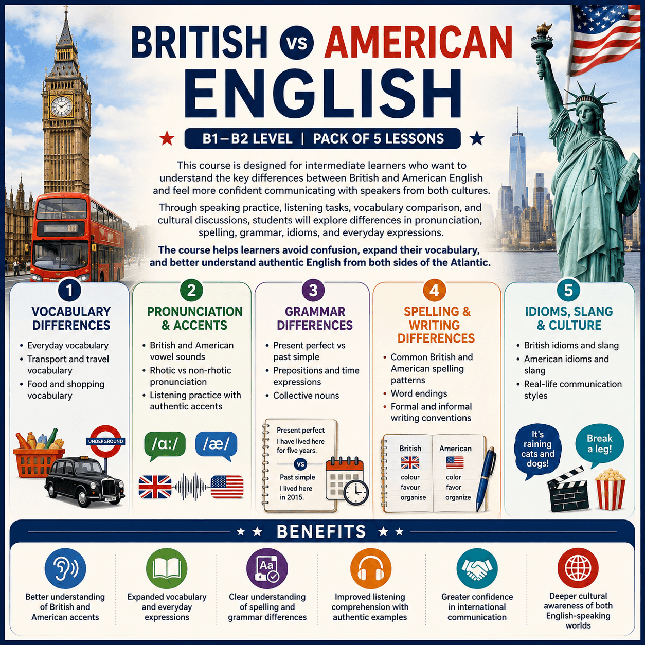 5-lesson course - British vs American English (B1–B2)
