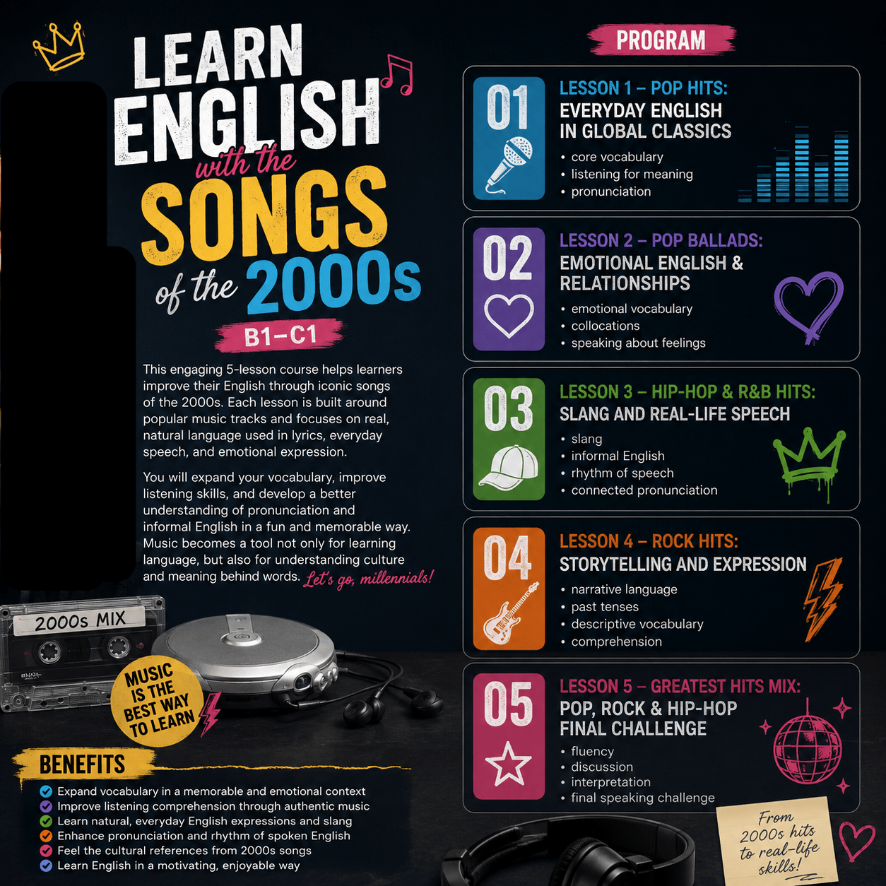5-lesson course - Learn English with songs (B1-C1)